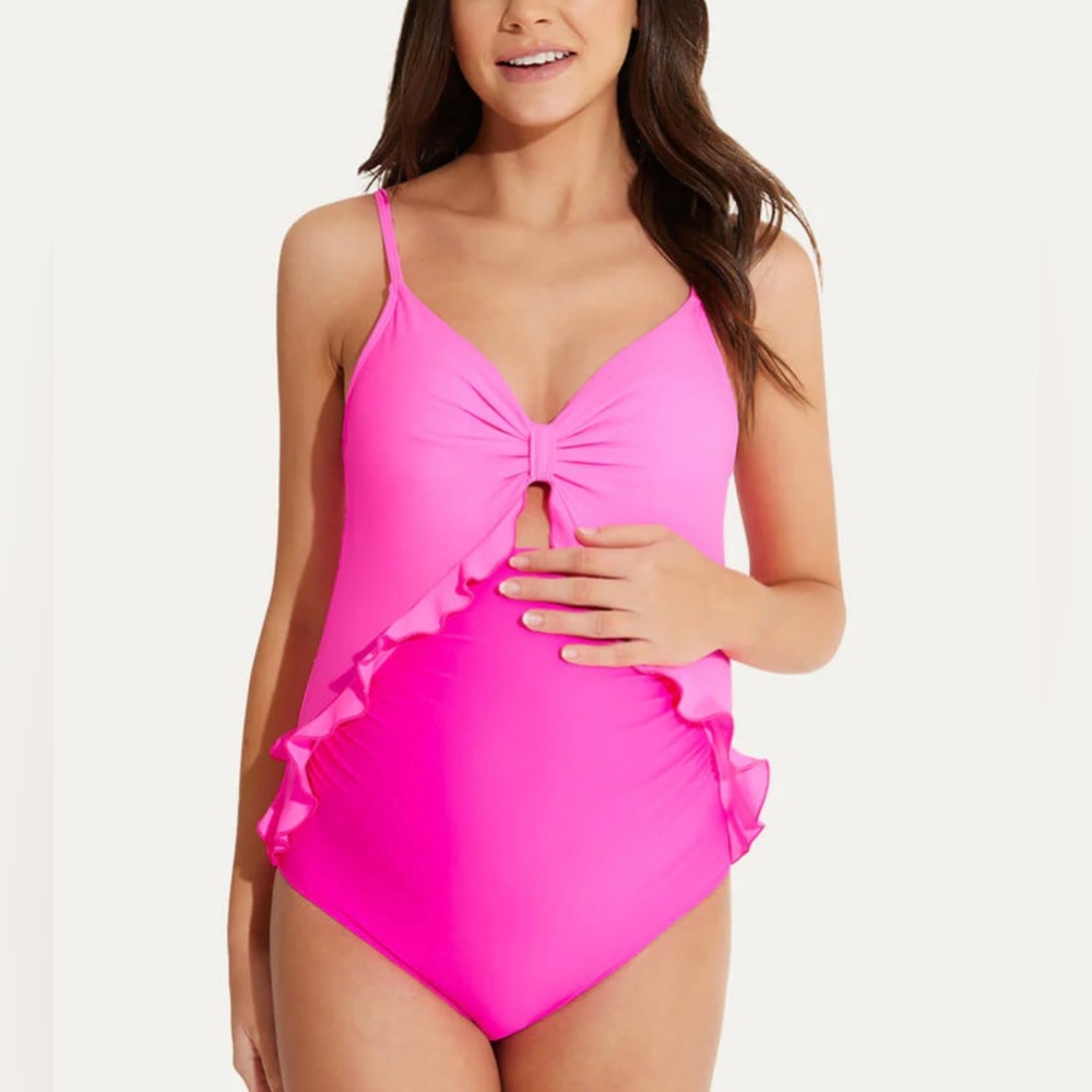 🌸1NEW Summer Mae ONE PIECE SWIMSUIT 🩱 ADJUSTABLESTRAPS RUFLE MATERNITY Sz L NWT.